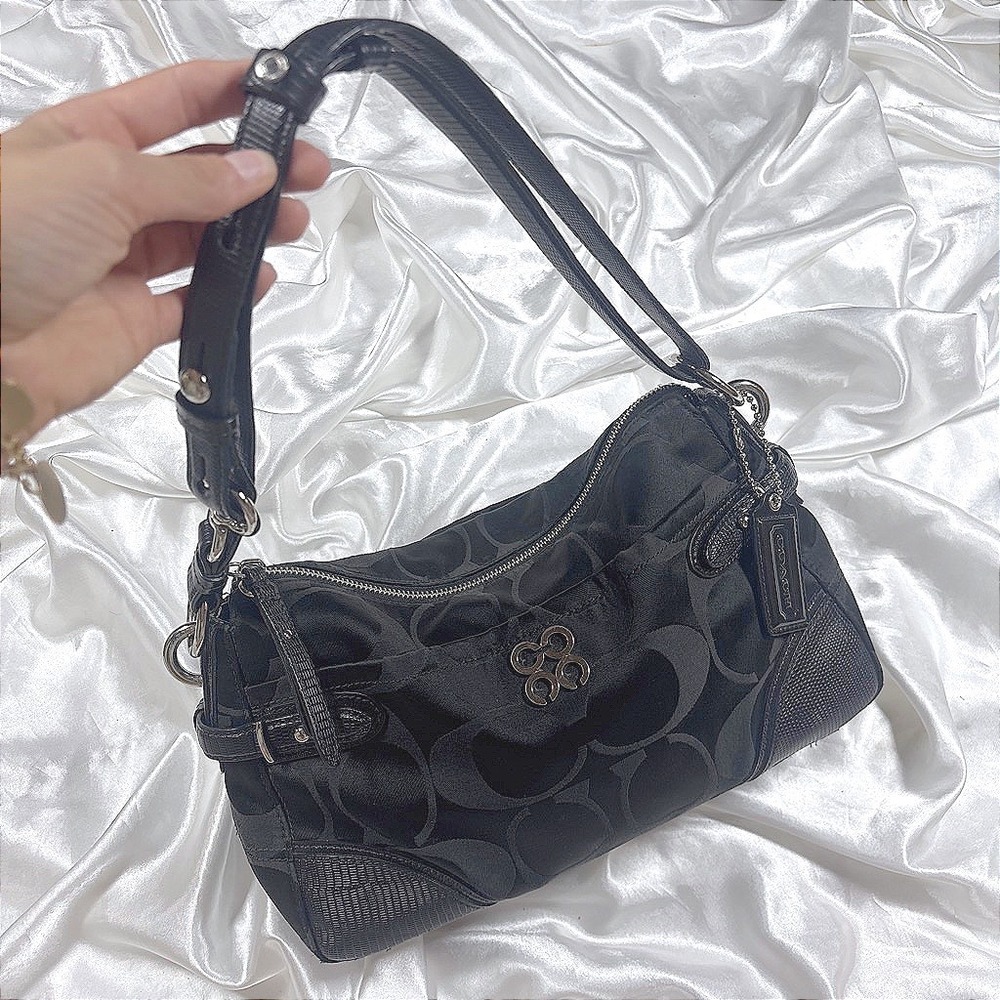 y2k Coach Shoulder Bag Black Good Signature Jacquard Lizard Trim 15429